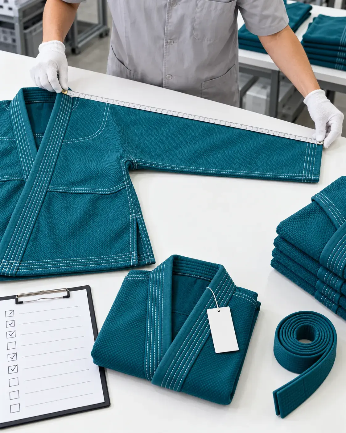An inspector in white cotton gloves measuring the sleeve of a teal junior BJJ gi jacket, beside the tagged approved sample, a checklist, a matching belt and a stack of finished gis.