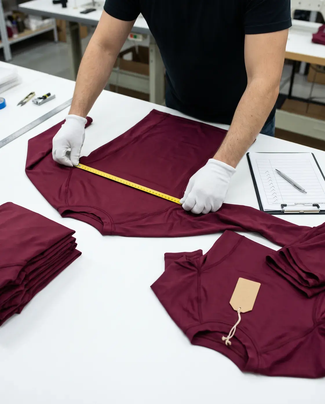 An inspector in white cotton gloves measuring a burgundy rash guard flat across the chest with a tape measure, beside a tagged sample, a checklist and a stack of finished pieces.