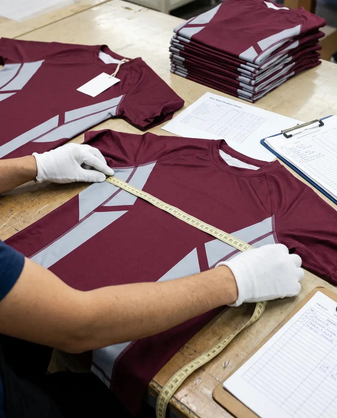 An inspector in white cotton gloves measuring a burgundy rash guard with grey geometric panels flat across the chest, beside a tagged sample, a size specification sheet, a checklist and a stack of finished pieces.