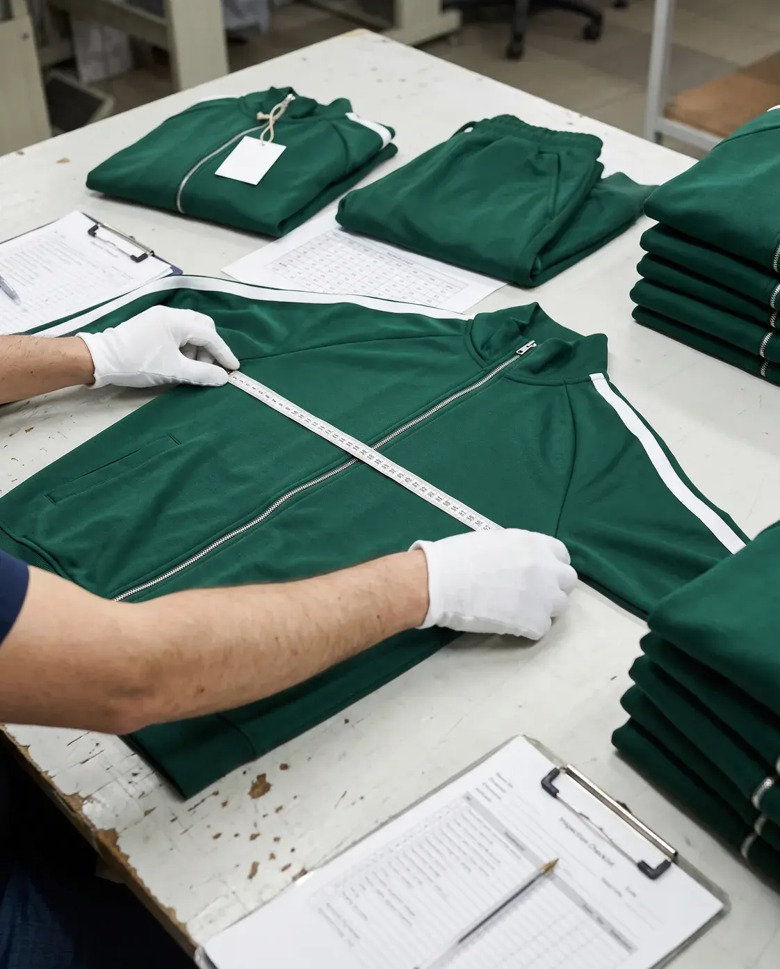 An inspector in white cotton gloves measuring a bottle green tracksuit jacket with white sleeve stripes flat across the chest, with the tagged sample, folded joggers, a size chart, checklists and a stack of finished jackets.