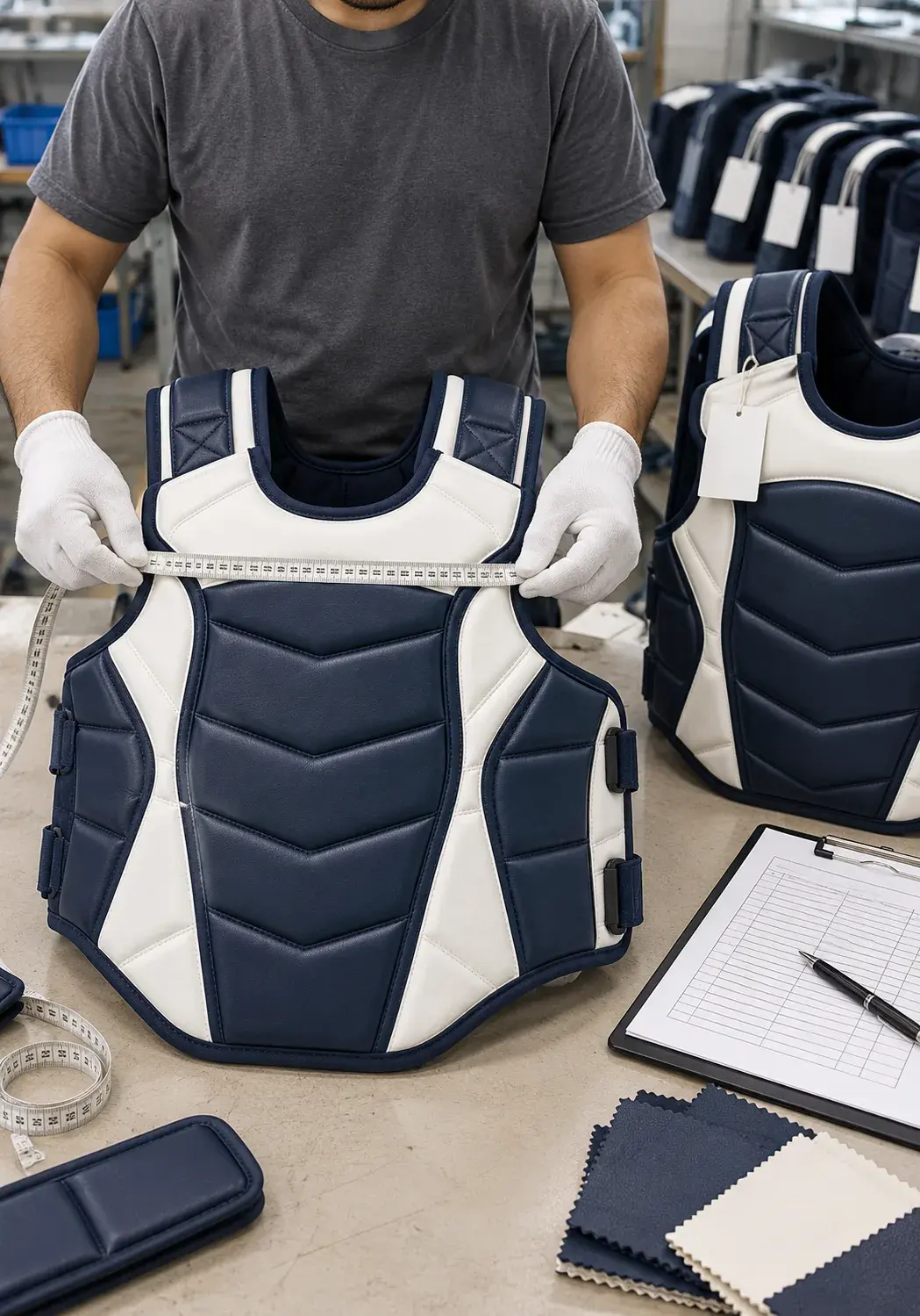 An inspector in white cotton gloves measuring across the chest of a navy and white body protector with a tape measure, beside tagged protectors, swatches and a checklist.