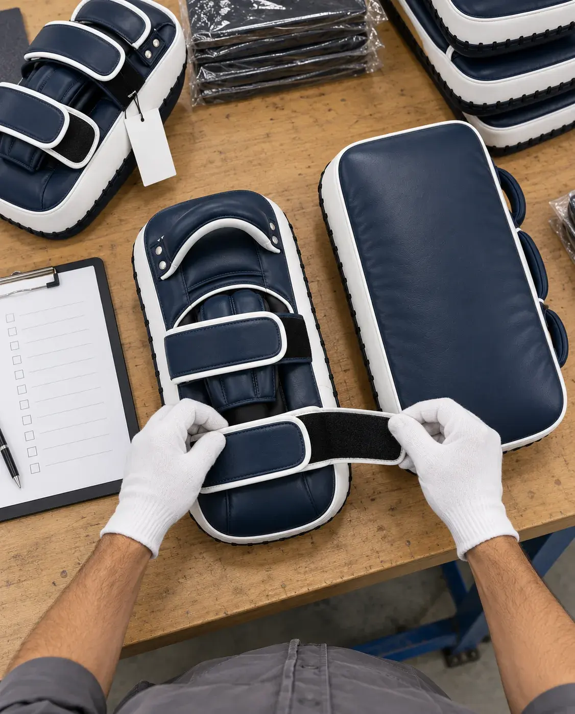 An inspector in white cotton gloves pulling open the forearm strap of a navy and white Thai pad, beside a kicking shield, a checklist and bagged finished pads.