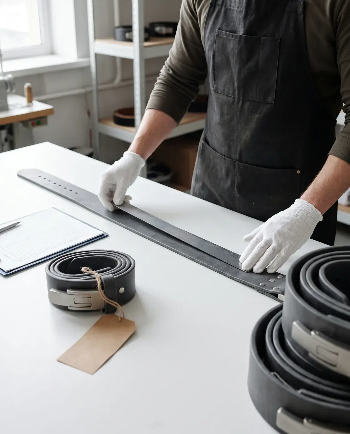 An inspector in white cotton gloves measuring the width of a charcoal grey leather lever belt with a steel ruler, beside the tagged approved sample, a checklist and a stack of finished rolled belts.