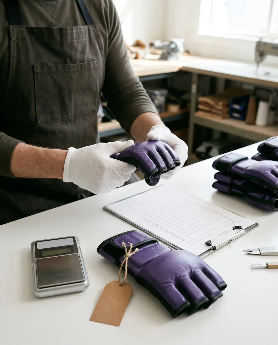 An inspector in white cotton gloves flexing a purple and black hybrid MMA glove at a workshop table, beside a digital scale, the tagged approved sample, a checklist and a stack of finished gloves.