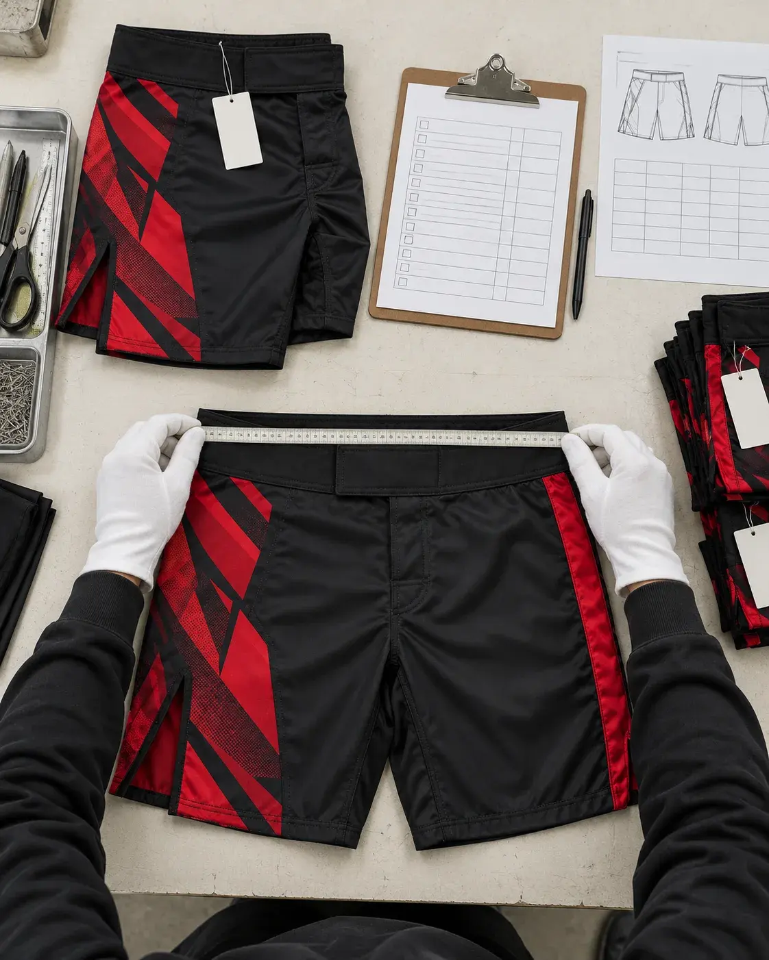 An inspector in white cotton gloves measuring the waistband of black and red fight shorts, with a tagged sample, a checklist, a size chart and folded finished shorts.
