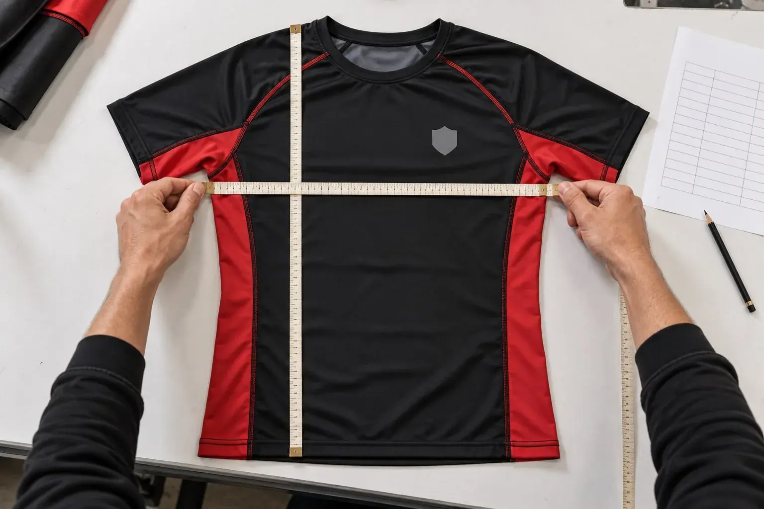 A training top laid flat on a table, one tape measure stretched across the chest from armpit to armpit and a second running from the shoulder to the hem.