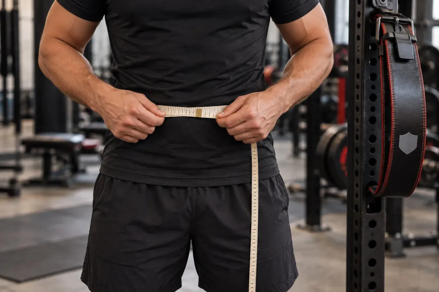A lifter holding a tape measure around the waist at navel height over a training T-shirt, well above the shorts' waistband, a leather lifting belt hanging on the rack beside him.