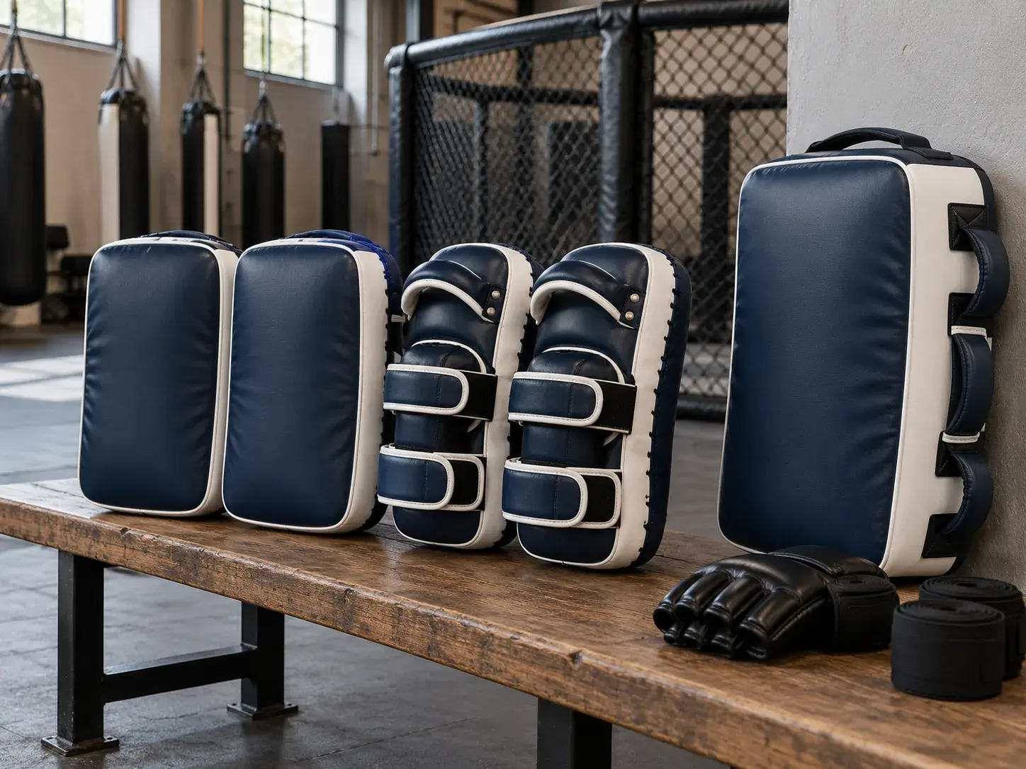 Three pairs of navy and white Thai pads and a kicking shield lined up on a wooden bench beside the cage in an MMA gym, with MMA gloves and hand wraps.