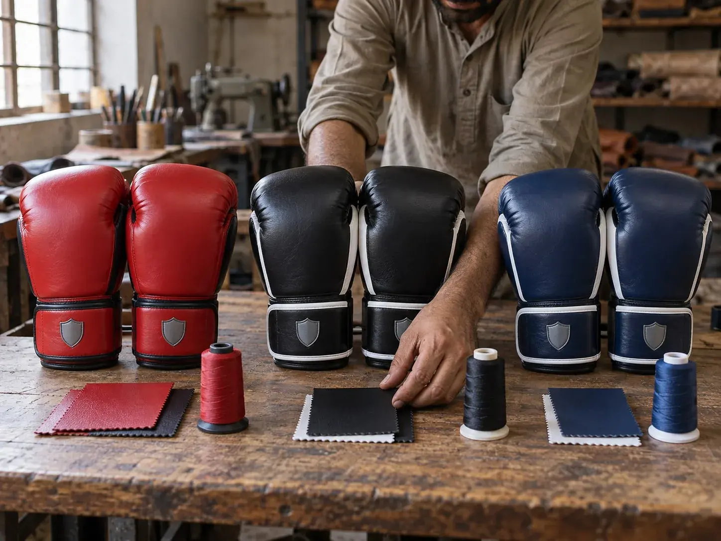 Three pairs of the same boxing glove on a workbench in red, black and navy, each pair with its own leather swatches and cone of matching thread in front of it.