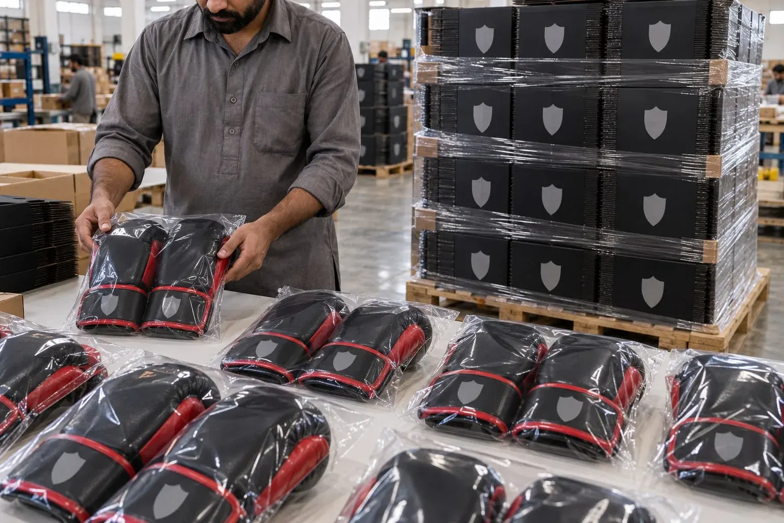 A packer laying pairs of black and red boxing gloves in clear polybags on a packing table, a shrink-wrapped pallet of printed black retail boxes stacked behind him.