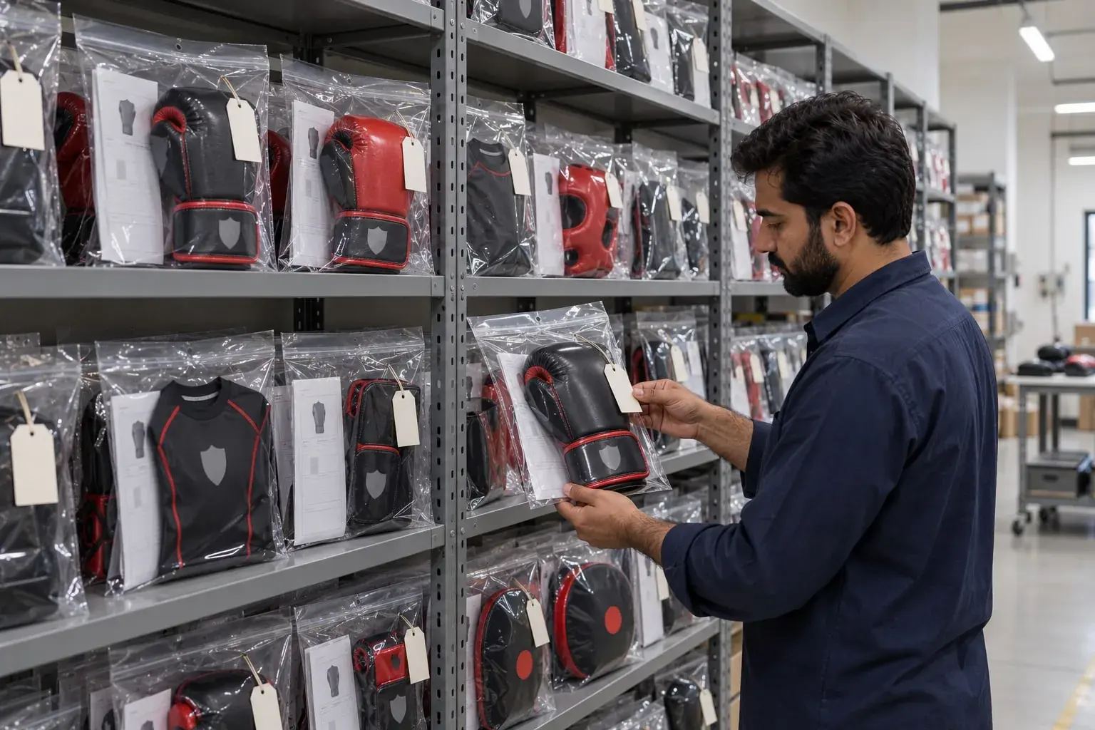A quality inspector checking the tag on a bagged boxing glove sample, taken from shelves of approved samples, gloves, rashguards, head guards and focus mitts, each sealed in a clear bag with its specification sheet and a tag.