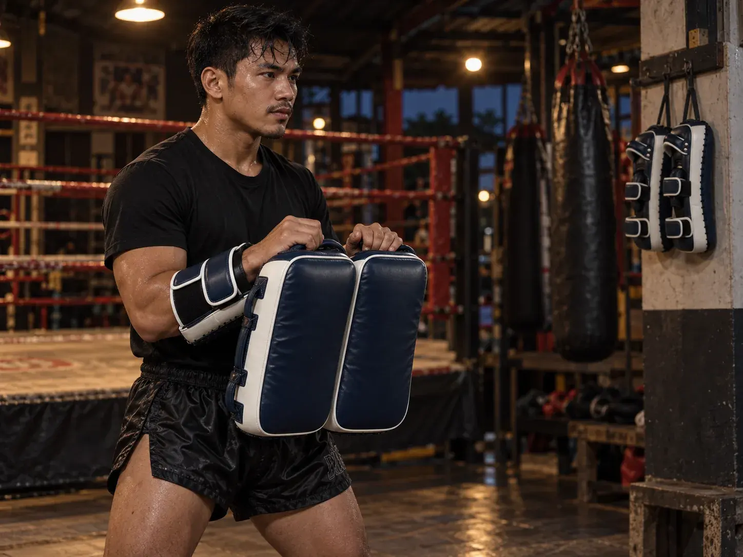 A pad holder in a Muay Thai gym bracing a pair of navy and white Thai pads at hip height, a ring and heavy bags behind and a second pair hanging on the wall.