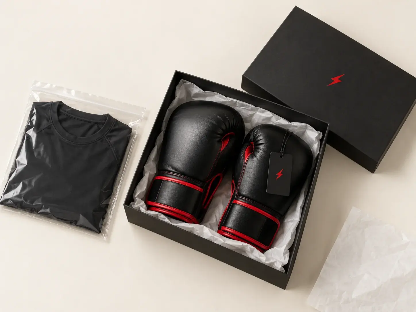 A pair of black boxing gloves with a hang tag on white tissue in an open black retail box, its logo-printed lid beside it, and a black T-shirt sealed in a clear polybag.