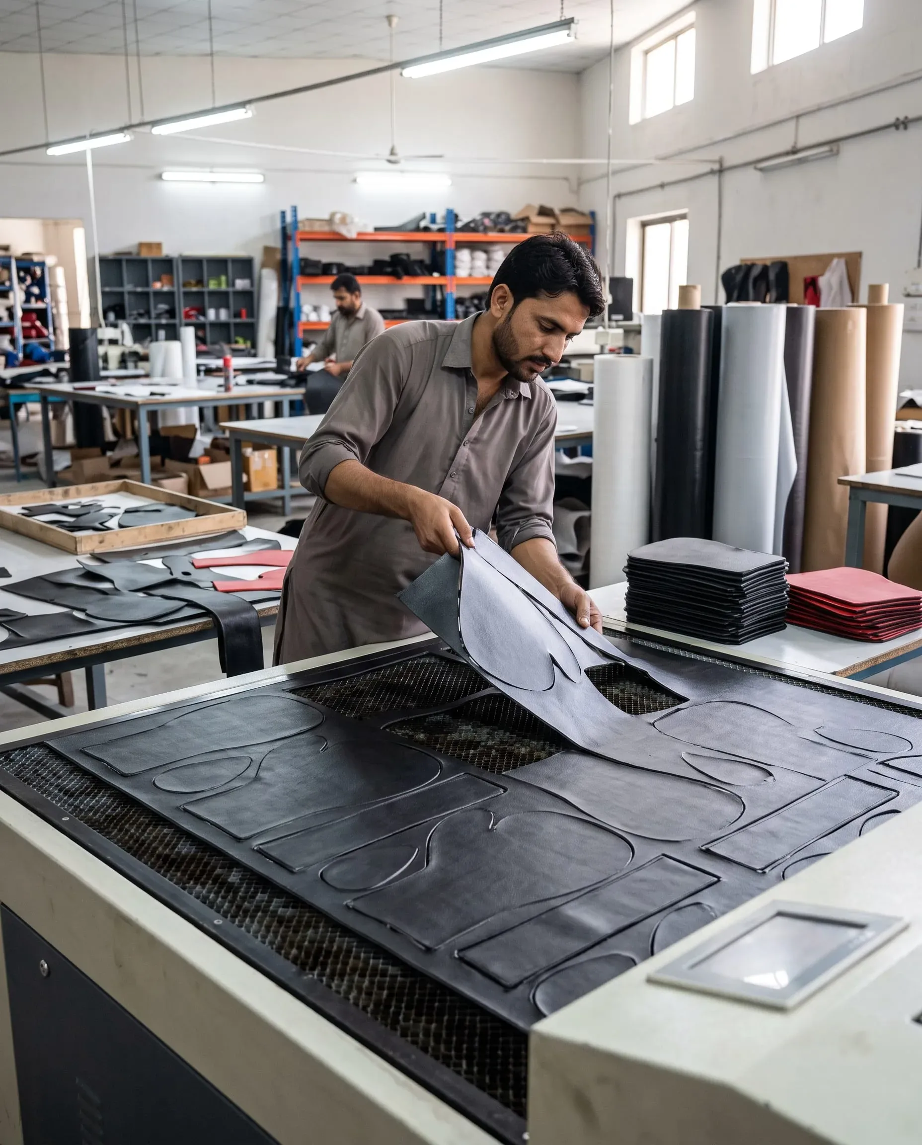 A cutter lifting a sheet of black leather from a cutting bed of glove panel shapes, with rolls of material and stacked red and black panels behind him.