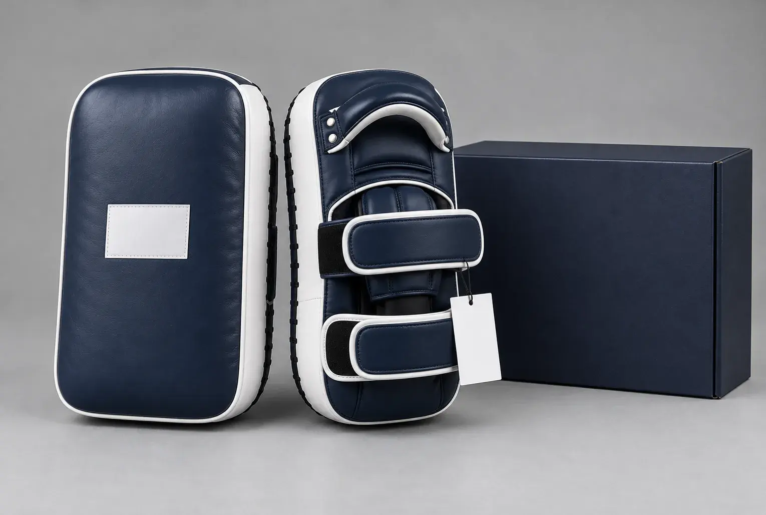 A pair of navy and white Thai pads, one with a blank logo panel on the striking face and the other with a blank swing tag, beside a plain navy box.