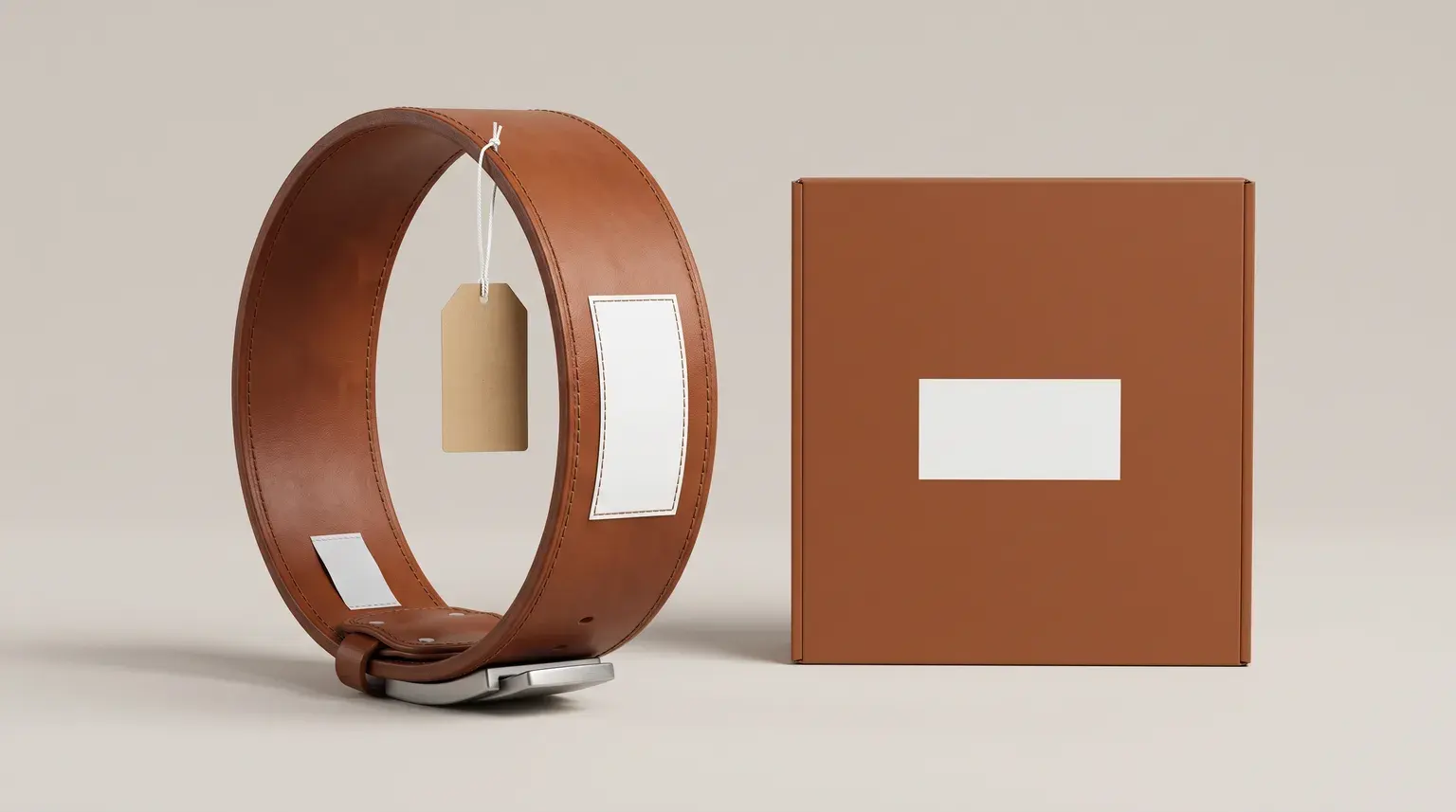A cognac brown leather lever belt standing in a loop with a blank logo patch on the back panel, a blank inside label and a blank kraft hang tag, beside a plain cognac retail box.
