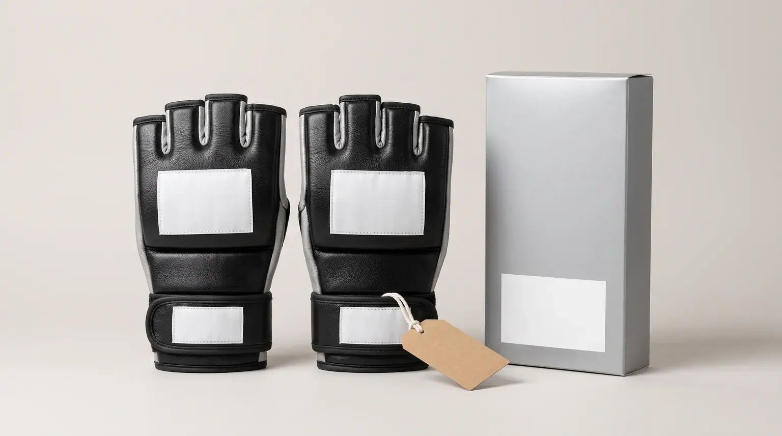 A pair of black and silver grappling gloves with blank logo panels on the back of the hand, blank wrist strap labels and a blank kraft hang tag, beside a plain silver grey retail box.
