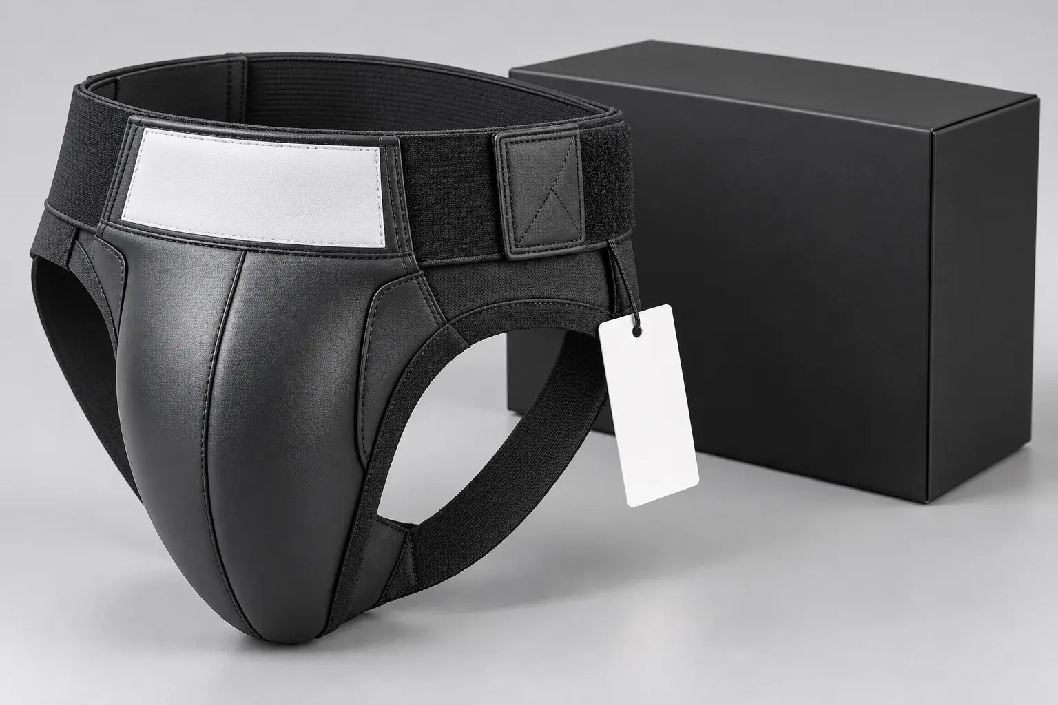 A black groin guard with a blank logo panel on the waistband and a blank swing tag, beside a plain black retail box.