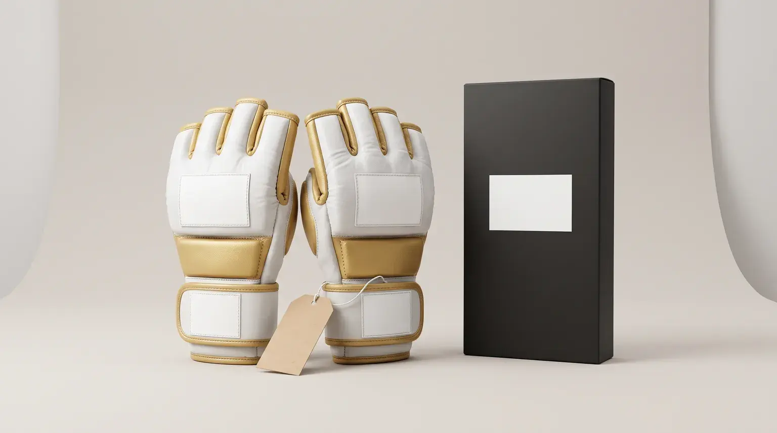 A pair of white and gold hybrid MMA gloves with blank logo panels on the back of the hand, blank wrist strap labels and a blank kraft hang tag, beside a plain slim black retail box.