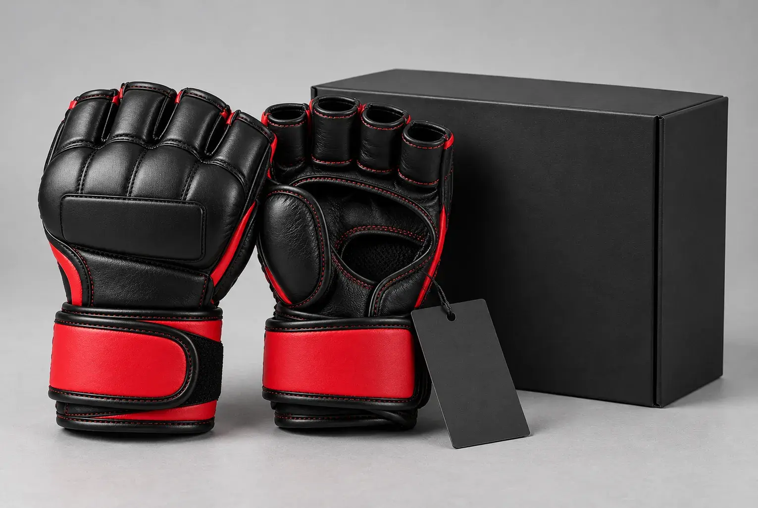 A pair of black and red MMA fight gloves with a blank logo panel on the back of the hand and a blank swing tag, in front of a plain black retail box.