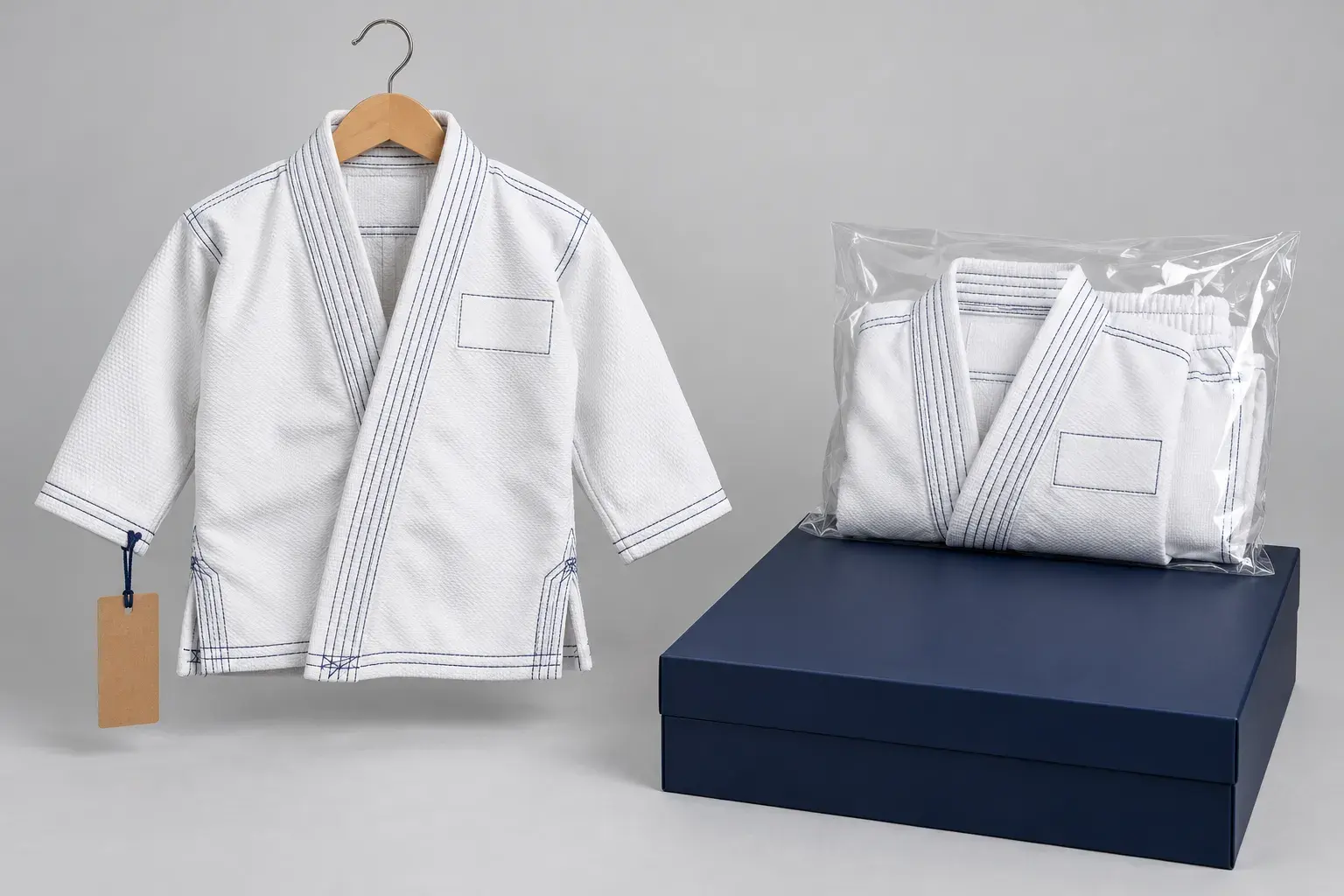 A white junior BJJ gi jacket with navy contrast stitching and a blank chest patch area, a blank kraft swing tag on the sleeve, beside the same gi folded in a polybag on a plain navy box.