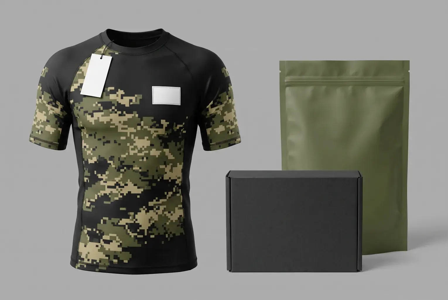 A black short-sleeve rash guard with an olive and sand digital camouflage pattern, a blank logo panel on the chest and a blank swing tag, beside an olive polybag and a black box.
