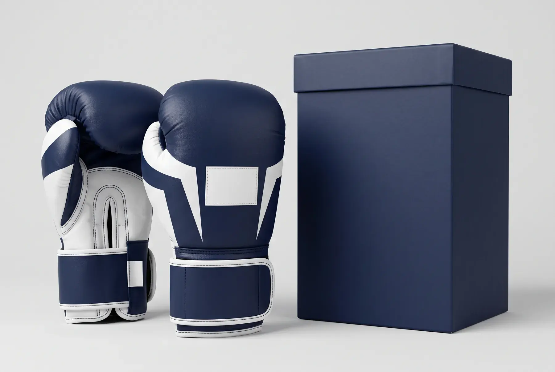 A pair of navy and white sparring gloves with a blank logo panel on the back of the hand, beside a plain navy retail box.