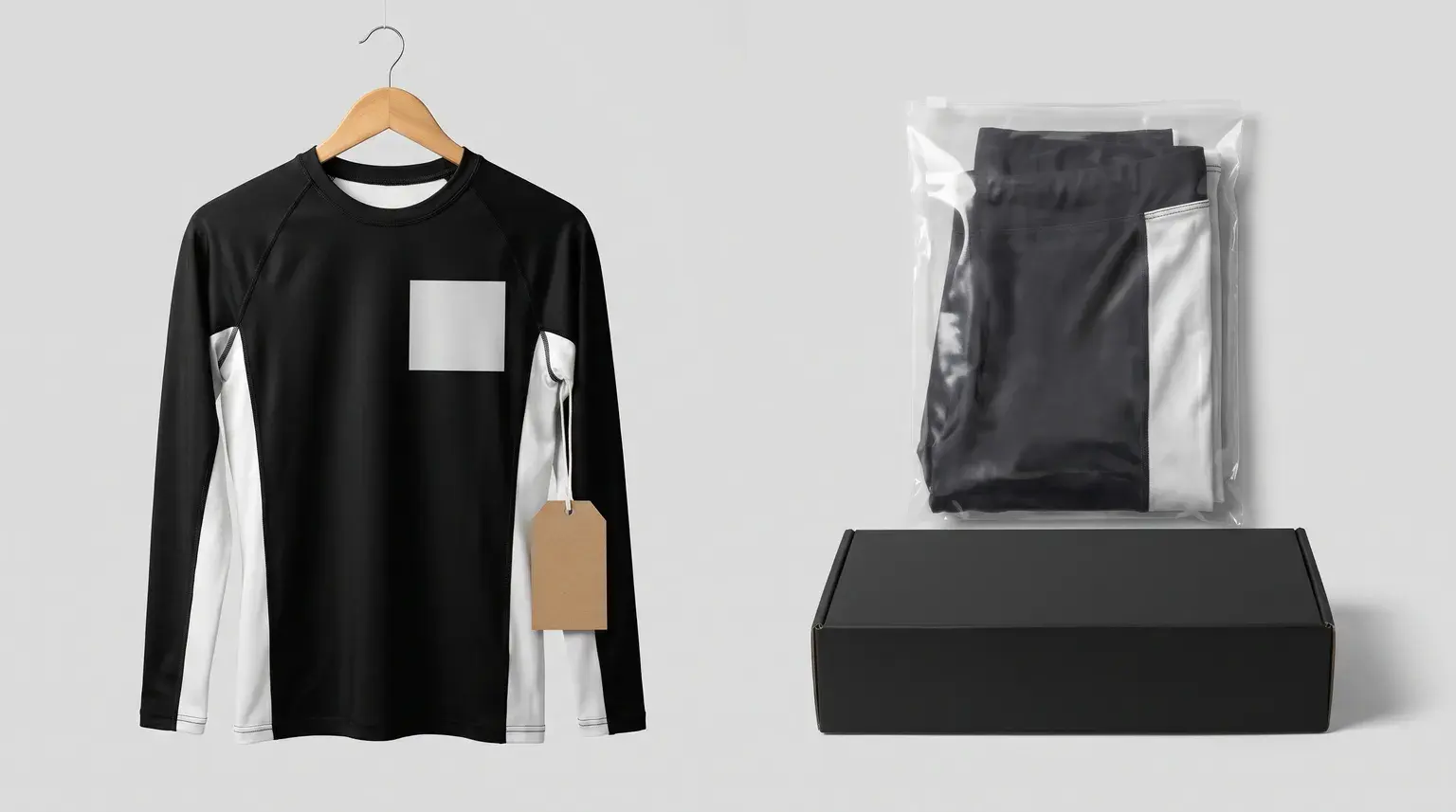 A black long-sleeve rash guard with white side panels and a blank chest patch area on a hanger, a blank kraft swing tag on the sleeve, beside matching spats folded in a polybag on a plain black box.