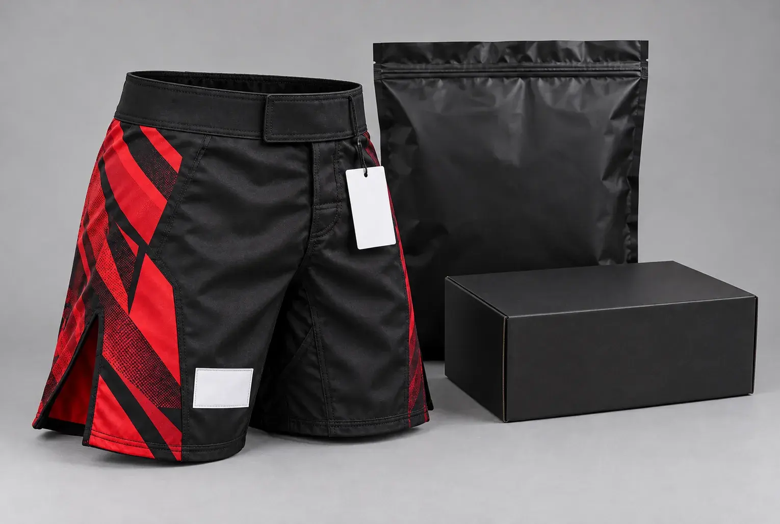 Black and red MMA fight shorts with a blank logo panel on the leg and a blank swing tag, beside a black polybag and a black box.