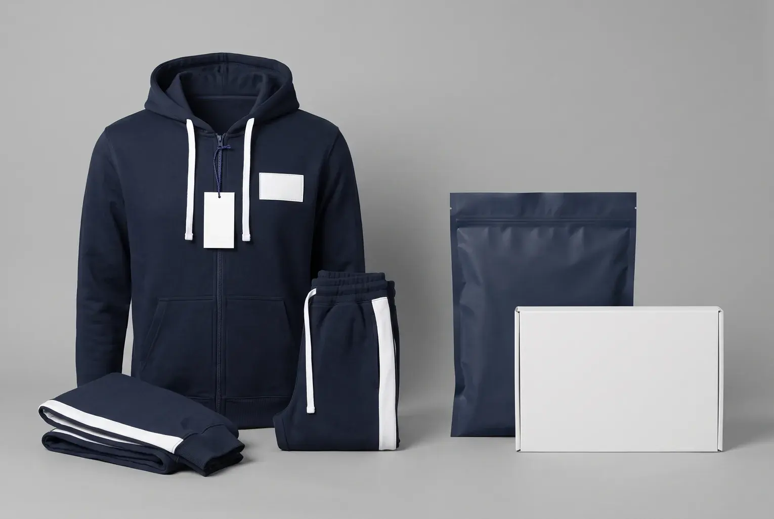 A navy zip hoodie with white drawcords, a blank logo panel on the chest and a blank swing tag, with matching navy joggers, a navy polybag and a white box.
