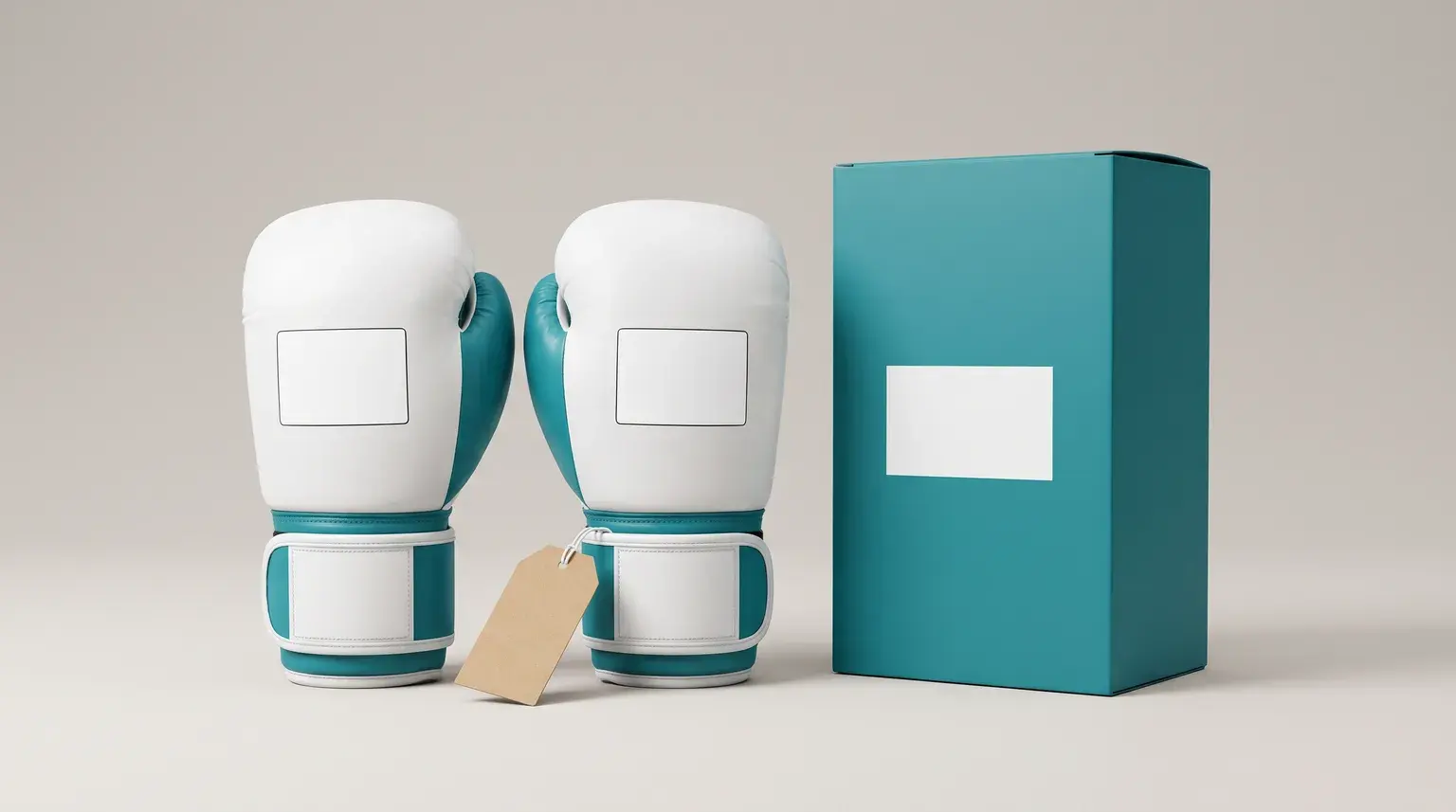 A pair of white and teal hook-and-loop training gloves with blank logo panels on the back of the hand, blank wrist strap labels and a blank kraft hang tag, beside a plain teal retail box.