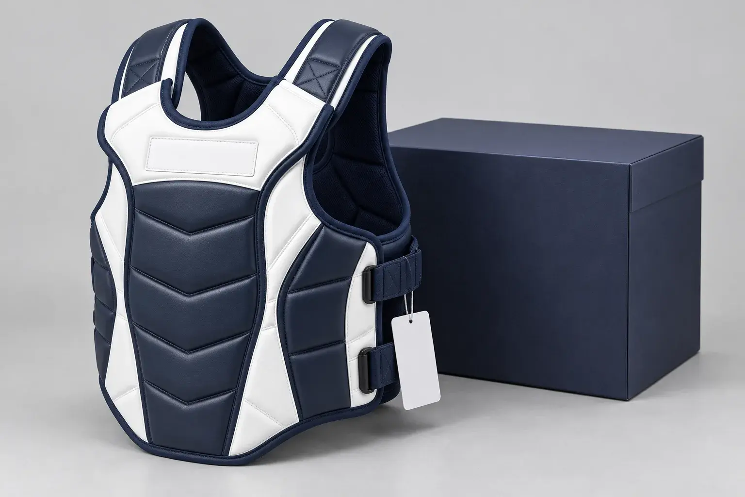 A navy and white body protector with a blank logo panel on the upper chest and a blank swing tag on its side strap, beside a plain navy retail box.