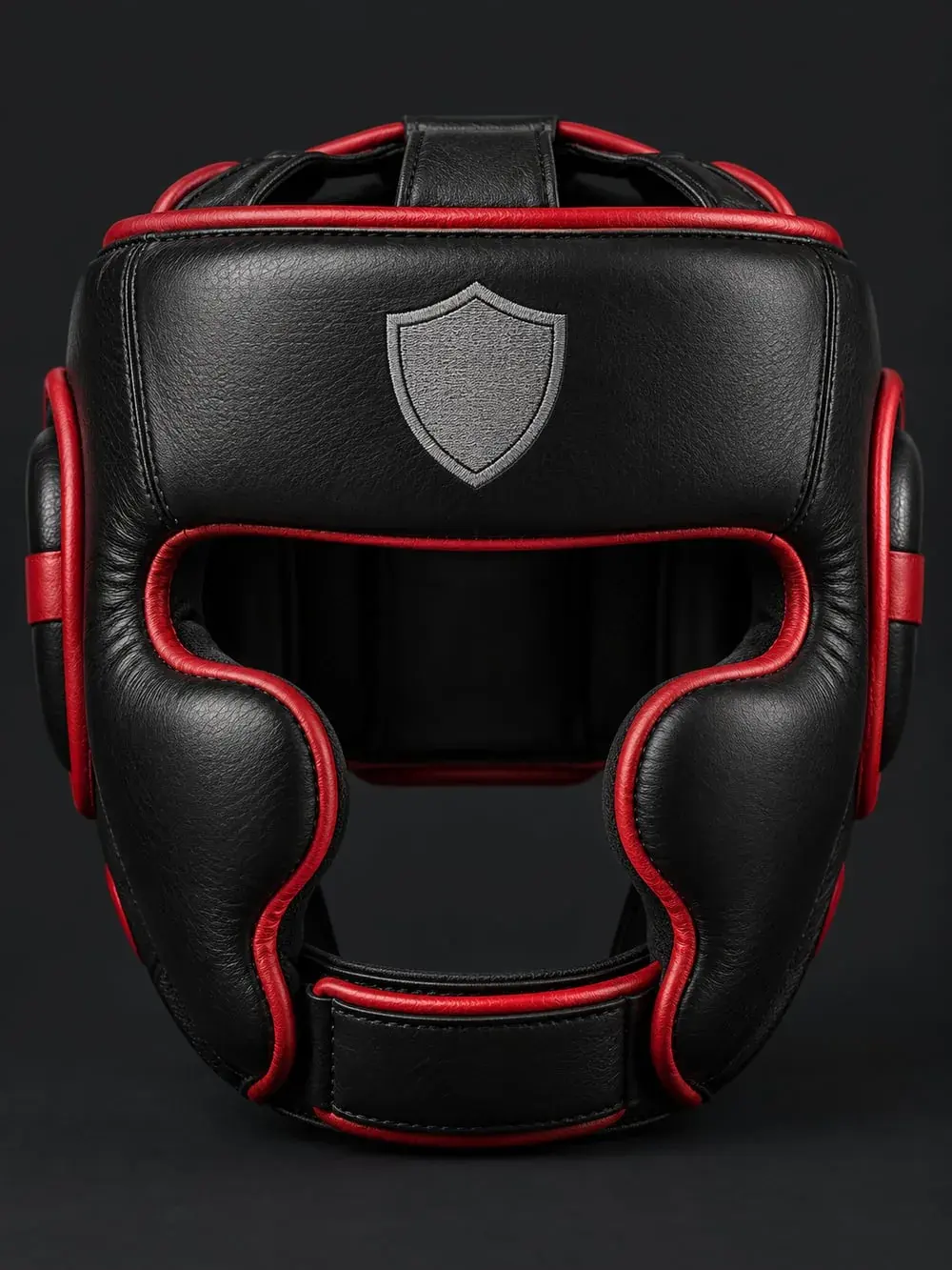 The finished black leather head guard with red trim, the grey shield emblem on the forehead panel as in the drawing.
