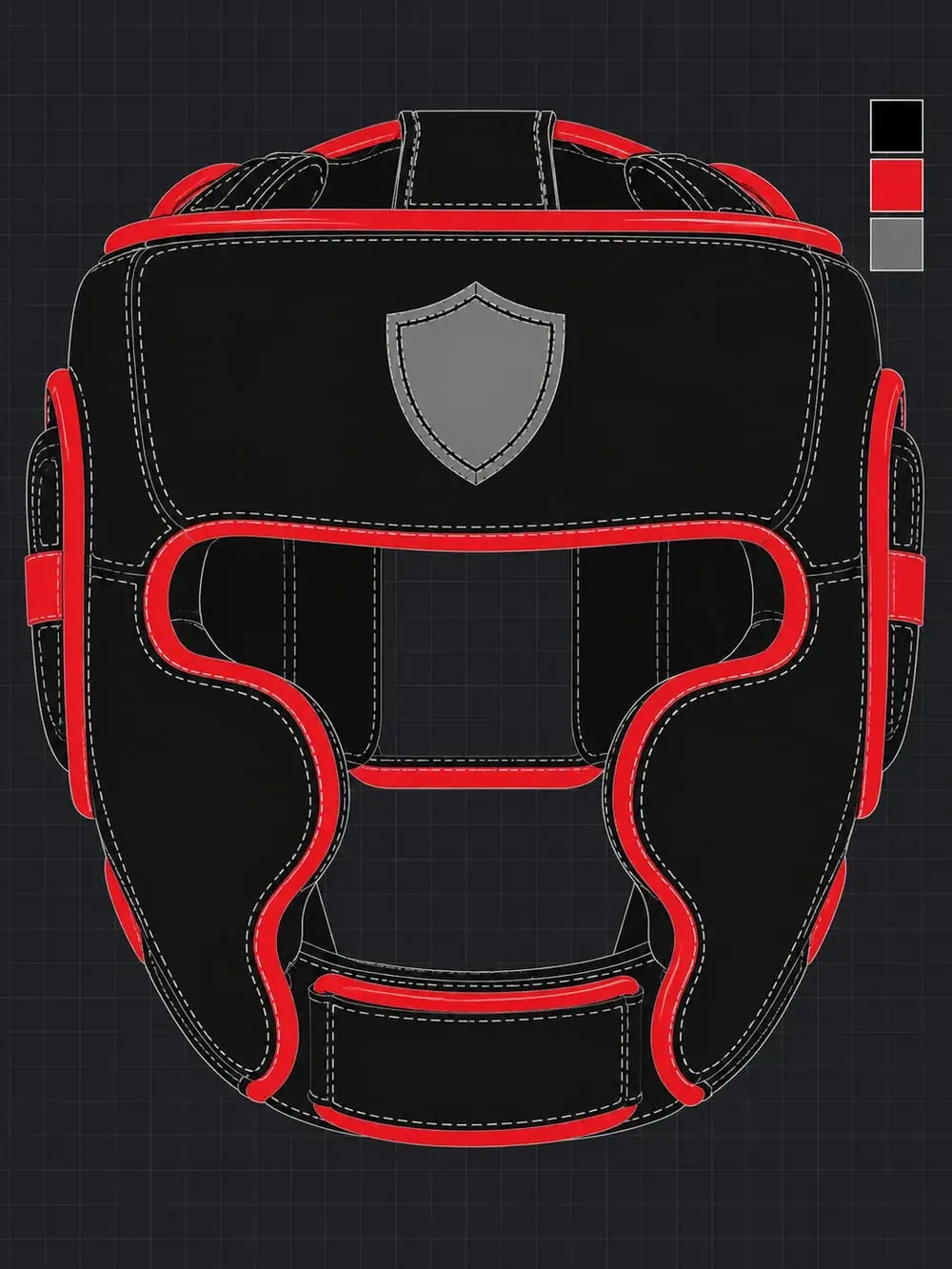 A flat technical drawing of a black head guard with red trim and a grey shield emblem on the forehead panel, beside its three colour swatches.