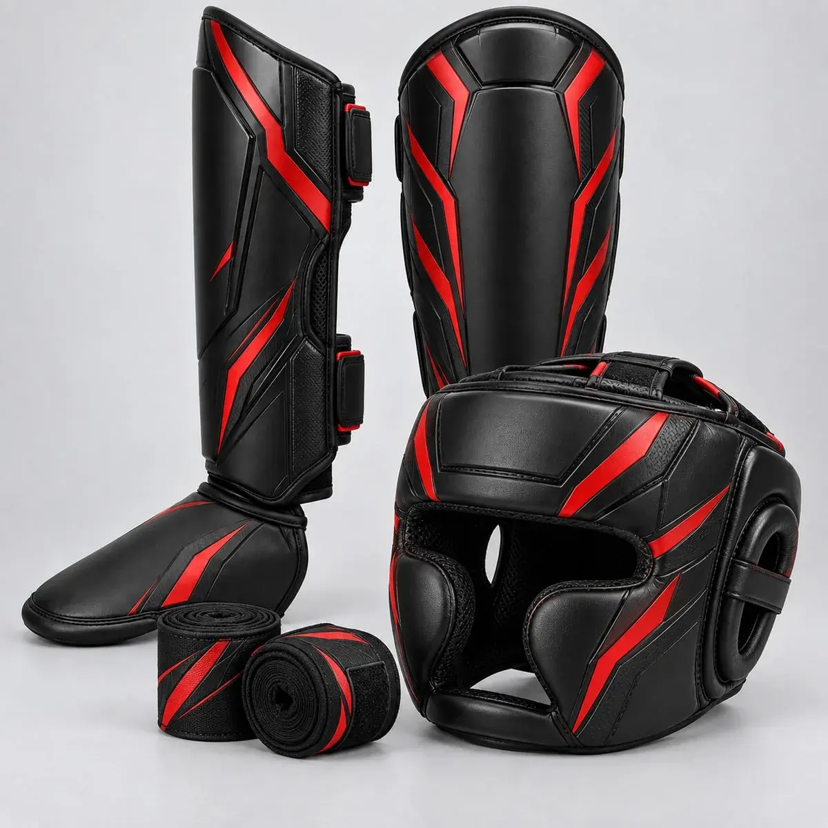 A black head guard and shin guards with red graphics.
