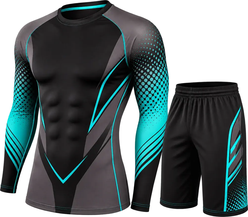 A black and grey long-sleeve rashguard with aqua halftone sleeves and piping, beside matching black shorts with aqua stripes down the leg.