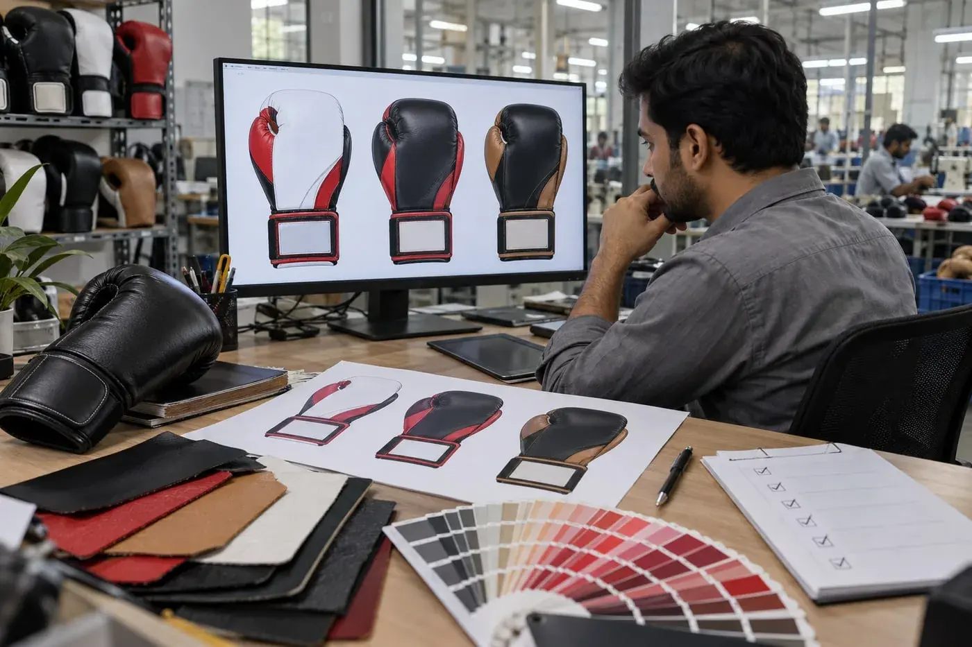 A designer at a screen of three glove concepts, with leather swatches, a colour fan and sketches on the desk.