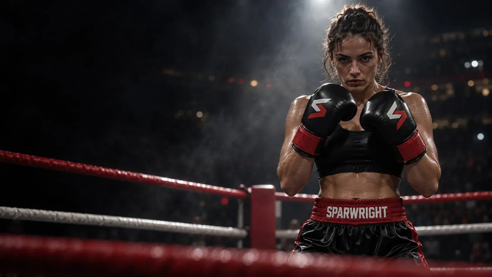 A female boxer standing in a ring under a single spotlight, gloves raised, wearing black gloves with the Sparwright mark and black fight shorts with SPARWRIGHT on the red waistband.