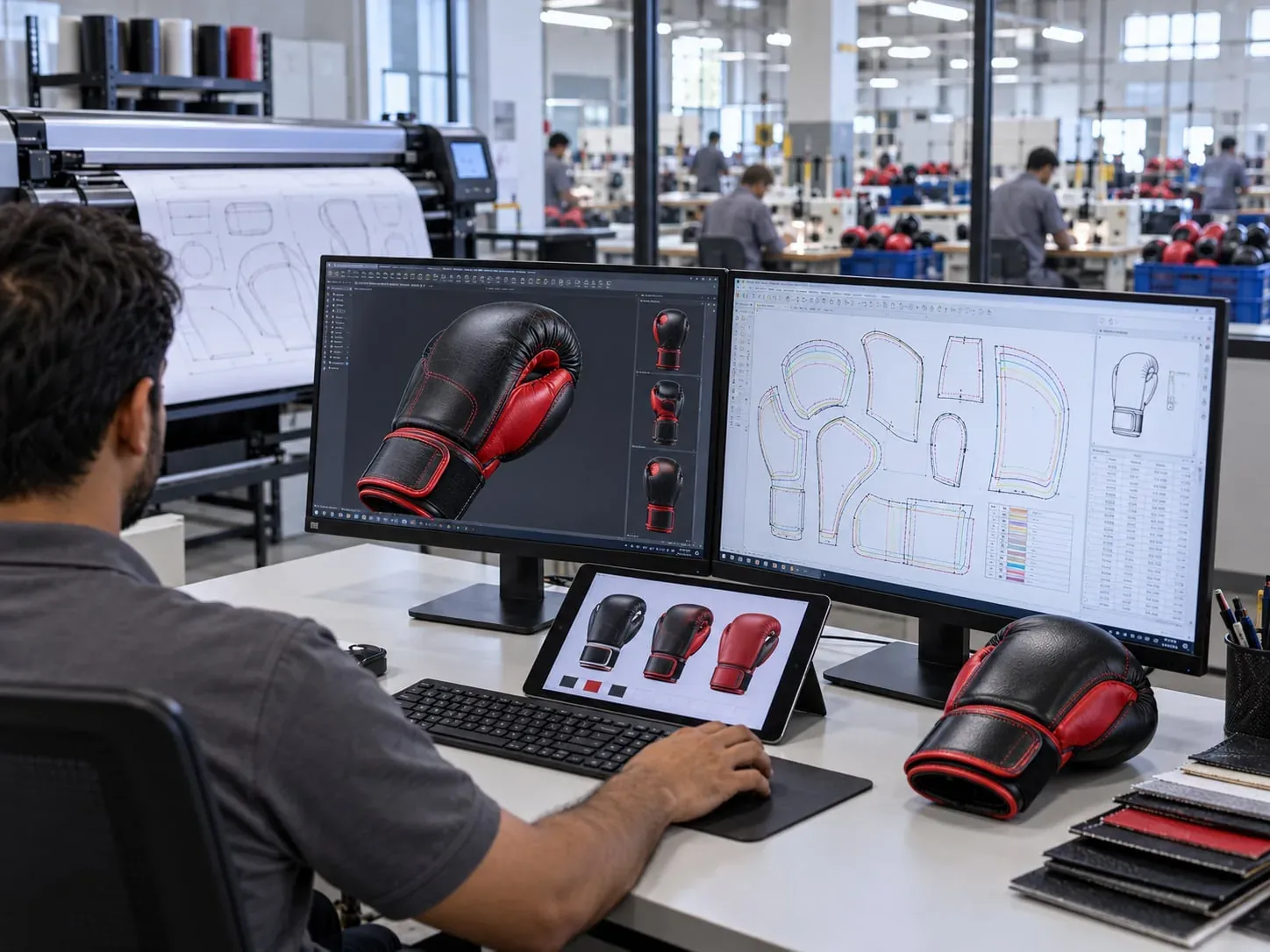 A developer at a CAD workstation: a 3D boxing glove on one screen, its pattern pieces graded into nested sizes on the other, colourway mockups on a tablet and a plotter printing patterns behind.