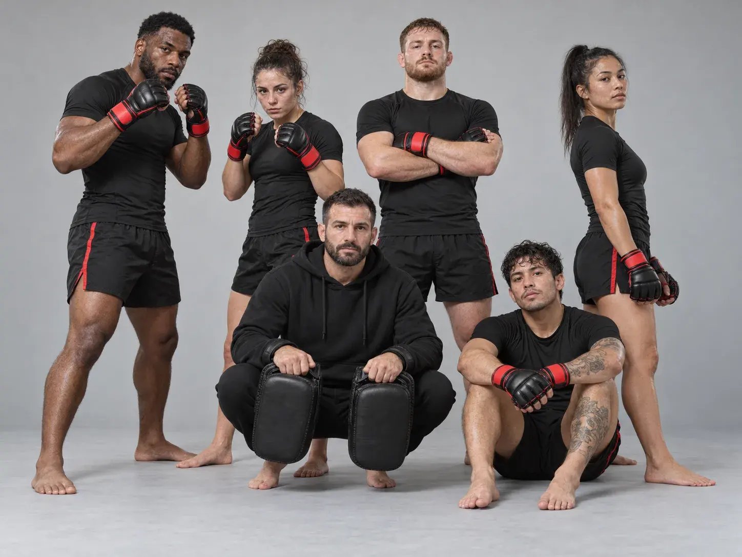 An MMA gym's fight team on a light grey studio backdrop in matching black rash guards, black fight shorts with a red stripe and black and red open-palm fight gloves, a coach crouching in front with Thai pads.