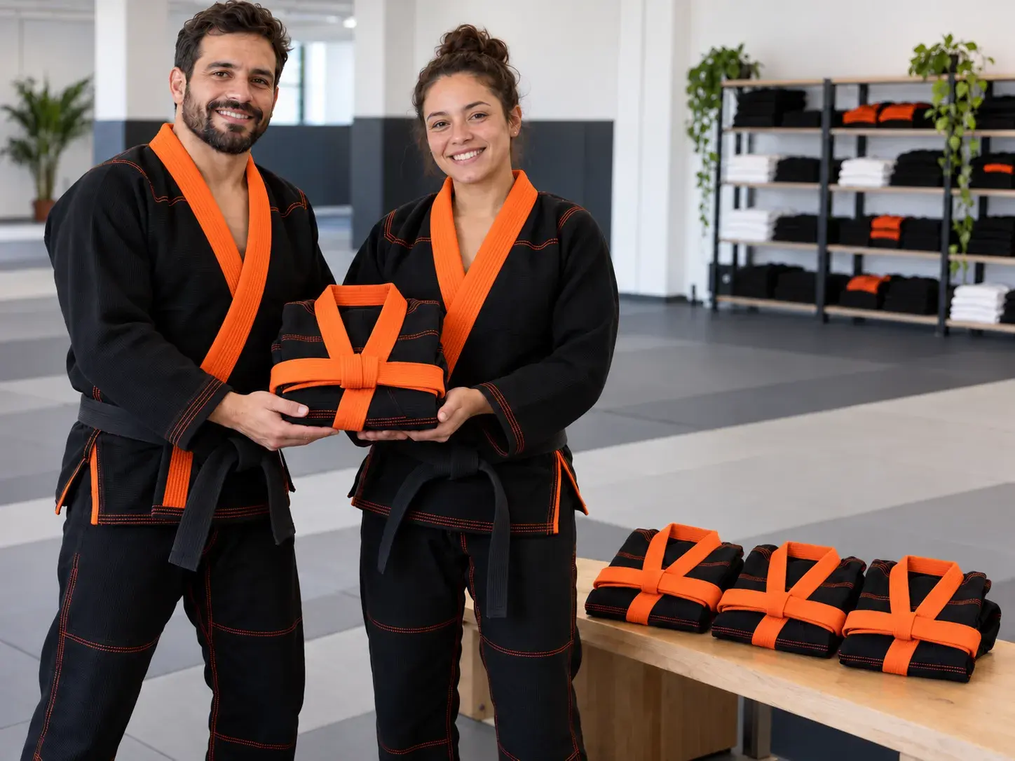 Two academy coaches in black gis with orange collars presenting a folded junior gi in the same colours, with three more on a bench beside them.