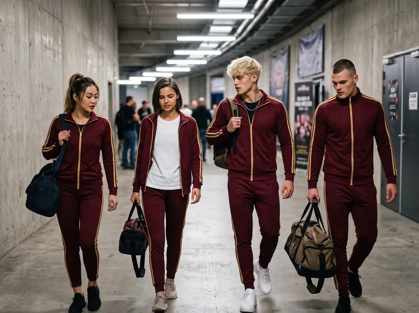 An MMA team walking down a venue corridor with kit bags, all in matching maroon tracksuits with gold stripes down the sleeves and legs.
