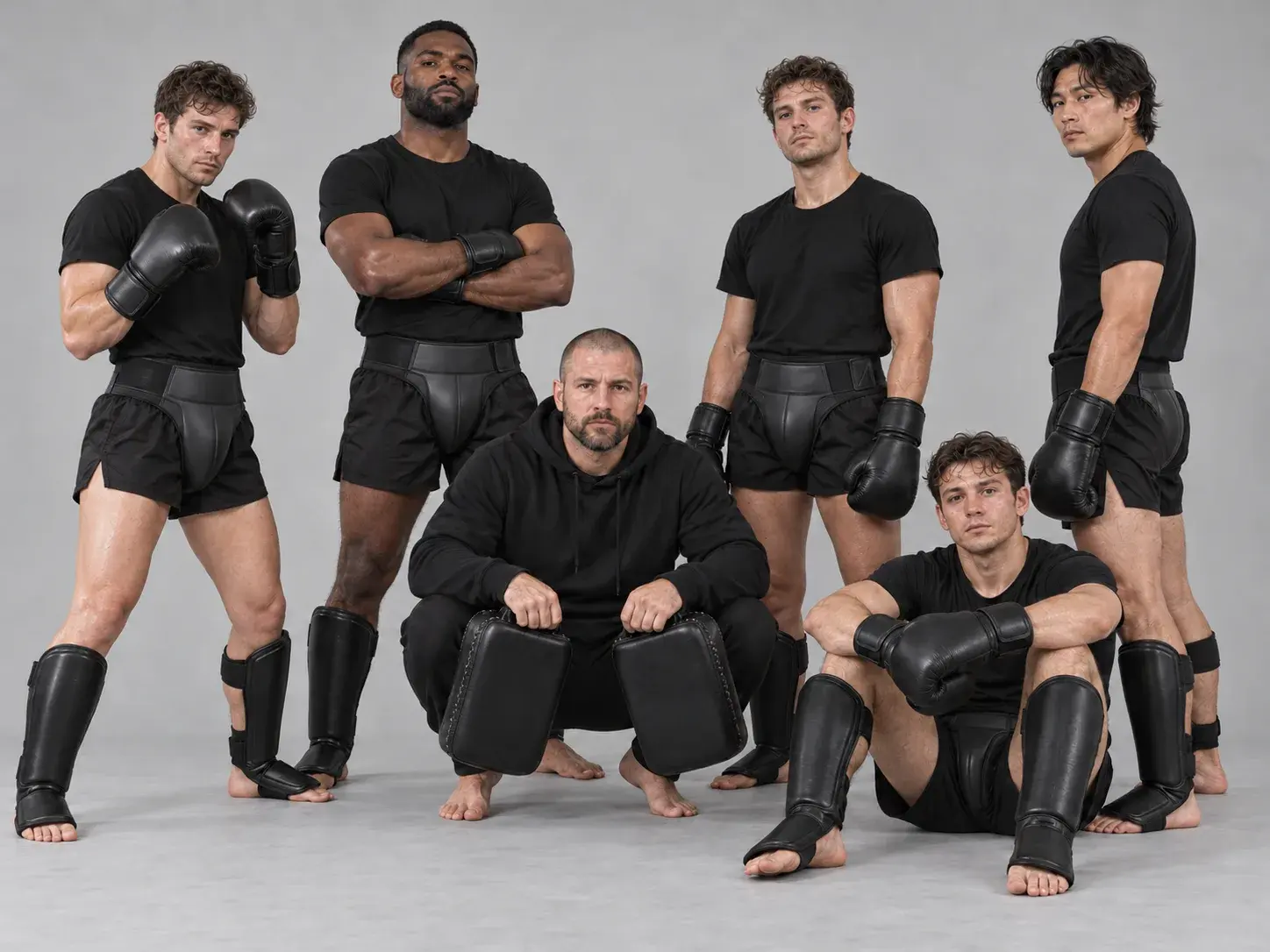 A kickboxing gym's sparring group on a light grey studio backdrop in black groin guards, gloves and shin guards, a coach crouching in front with Thai pads.