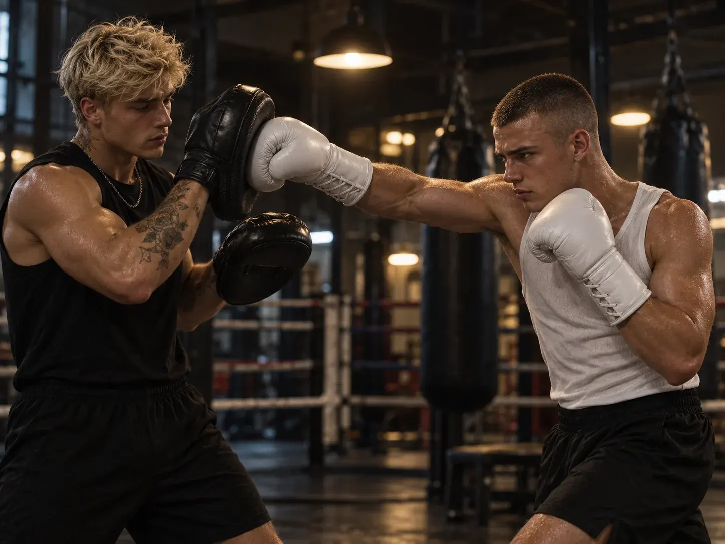 A coach holding up focus mitts in a dimly lit gym while a fighter in white lace-up competition gloves throws a straight punch into them.