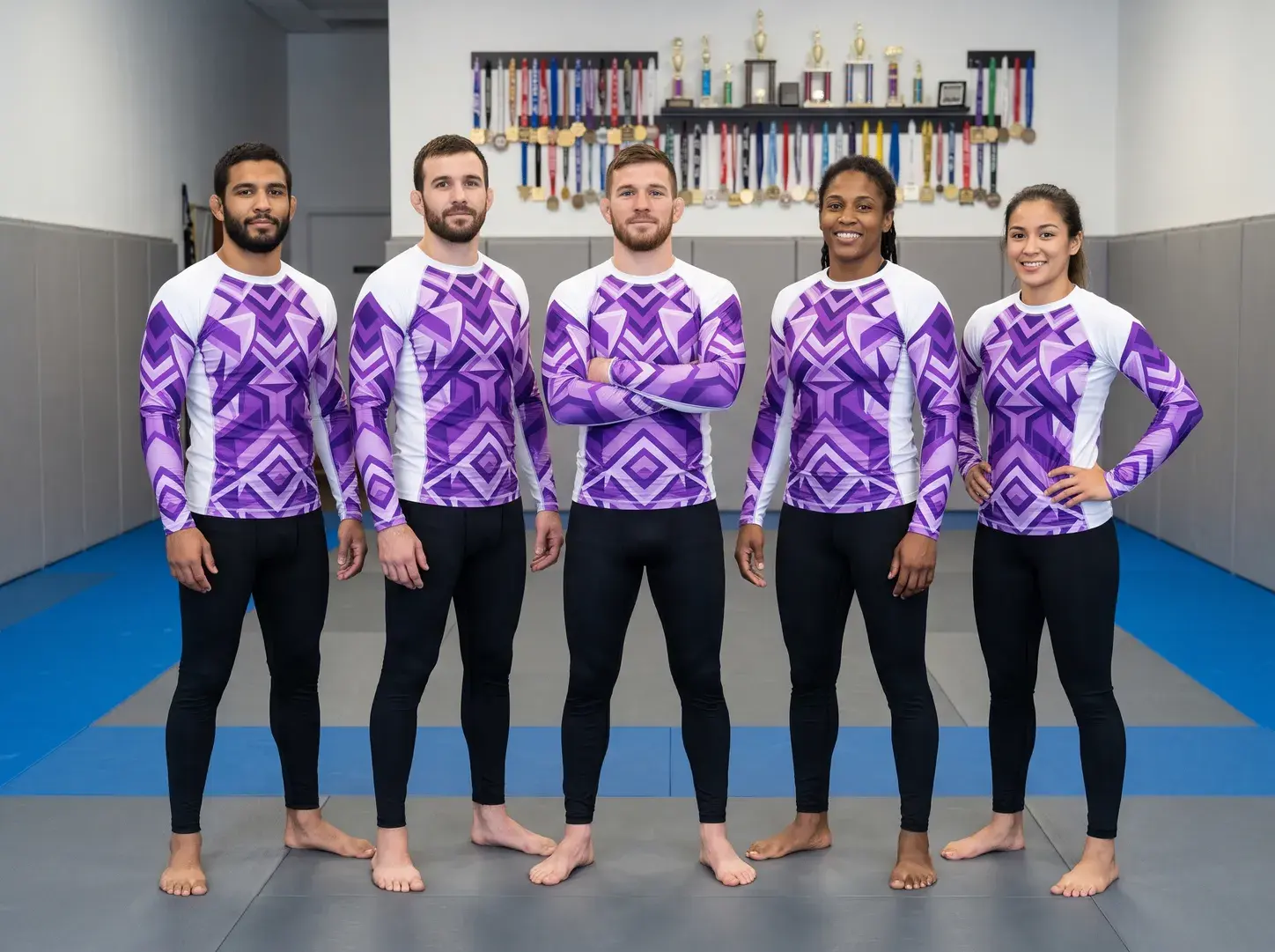 An academy's competition team standing in front of its medal wall in white long-sleeve rash guards with a purple sublimated geometric pattern and black spats.